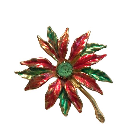 Vintage Christmas Brooch goldtone pin festive red poinsettia & green rhinestone - Picture 5 of 5